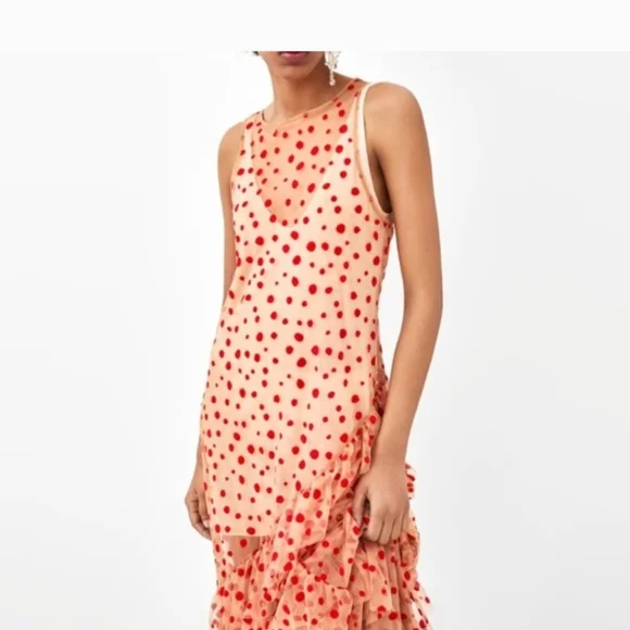 Zara Dresses Zara Sheer Red Nude Beige Polka Dot Dress Mesh Sz